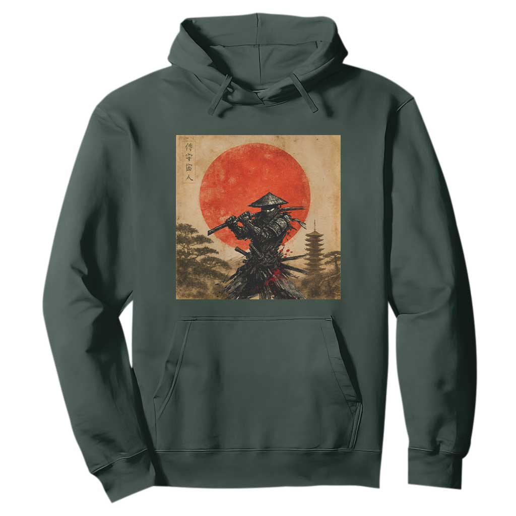 Japanese Samurai Hoodie Warrior With Katana Vintage Ukiyoe Style TS12 Dark Forest Green Print Your Wear