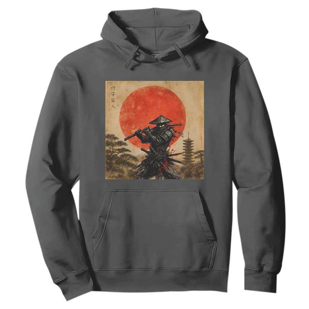 Japanese Samurai Hoodie Warrior With Katana Vintage Ukiyoe Style TS12 Dark Heather Print Your Wear