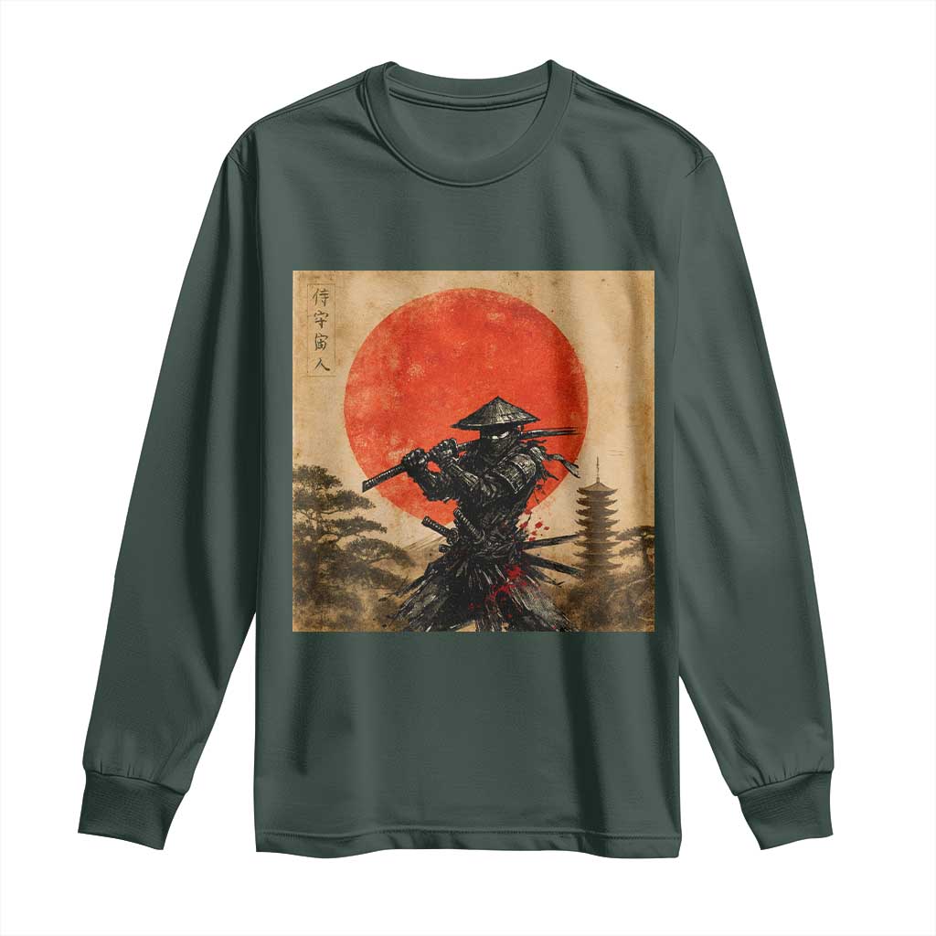 Japanese Samurai Long Sleeve Shirt Warrior With Katana Vintage Ukiyoe Style TS12 Dark Forest Green Print Your Wear