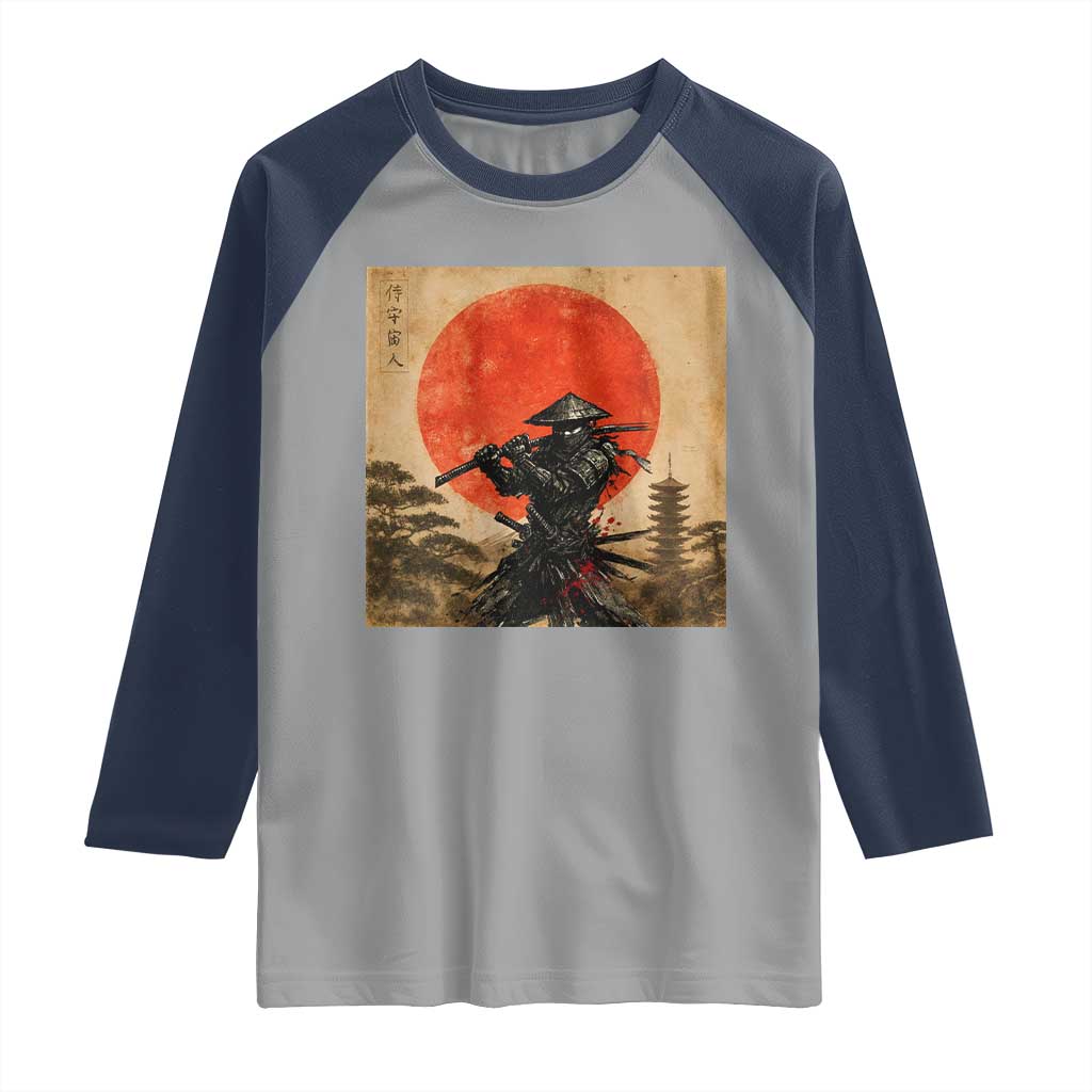 Japanese Samurai Raglan Shirt Warrior With Katana Vintage Ukiyoe Style TS12 Sport Gray Navy Print Your Wear