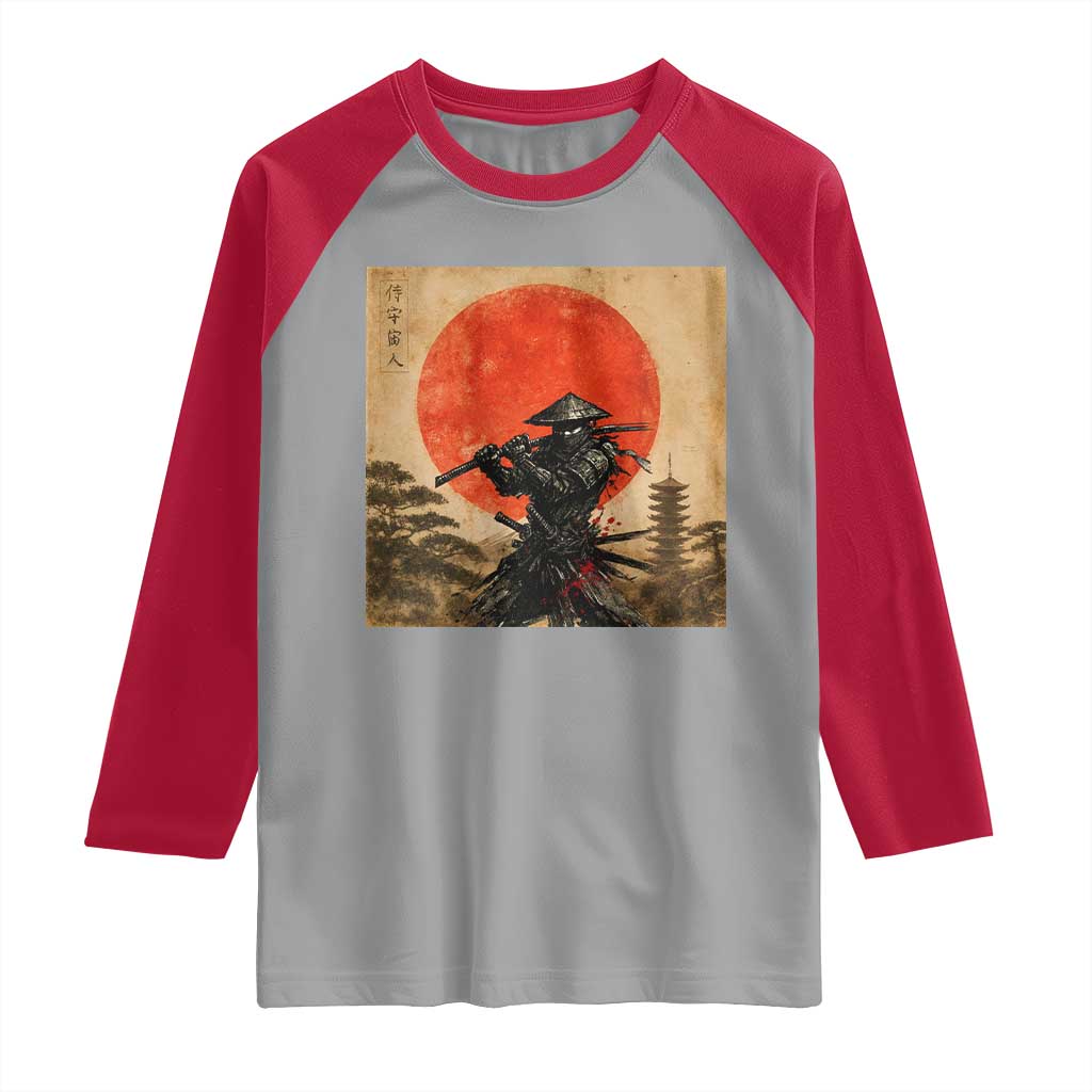 Japanese Samurai Raglan Shirt Warrior With Katana Vintage Ukiyoe Style TS12 Sport Gray Red Print Your Wear