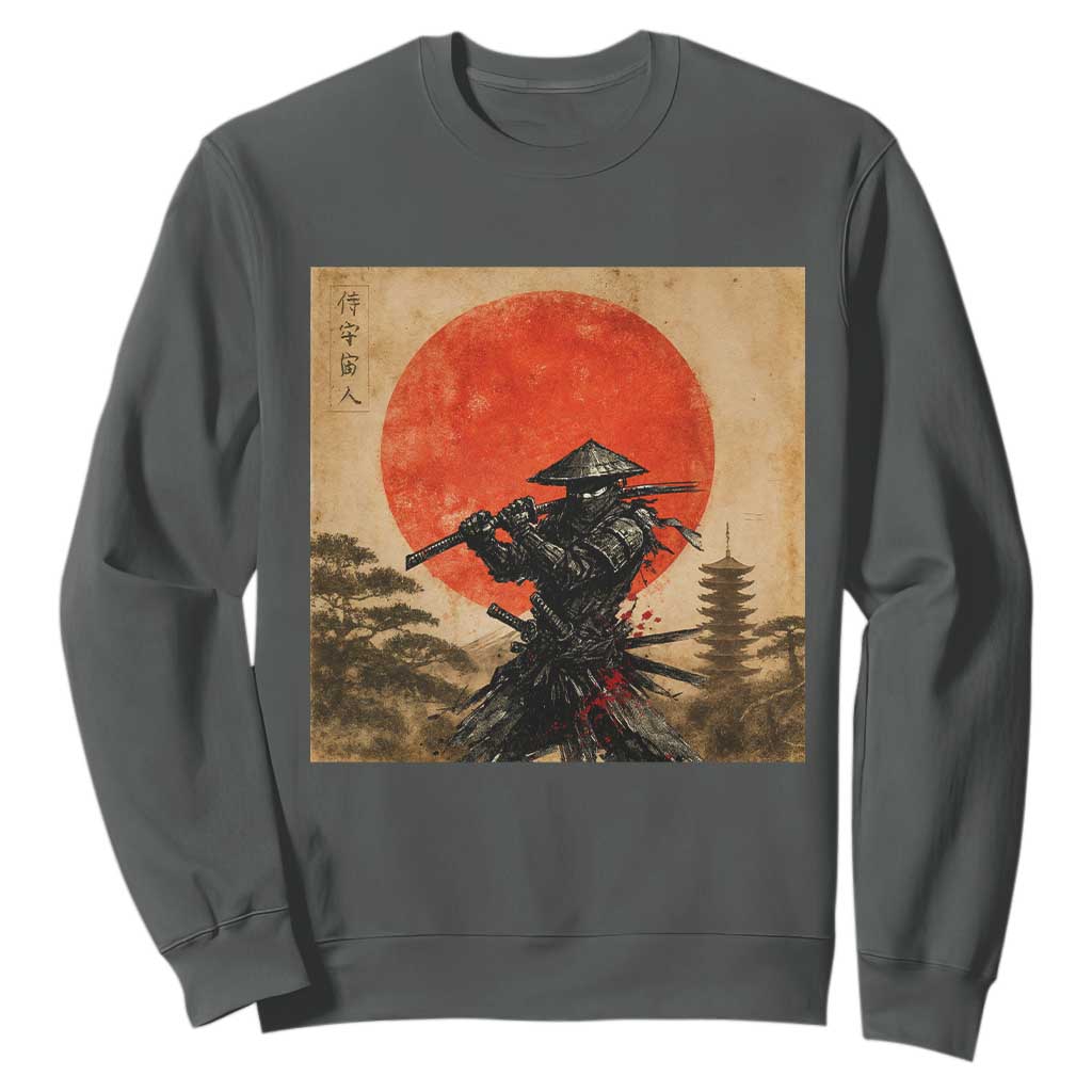 Japanese Samurai Sweatshirt Warrior With Katana Vintage Ukiyoe Style TS12 Dark Heather Print Your Wear