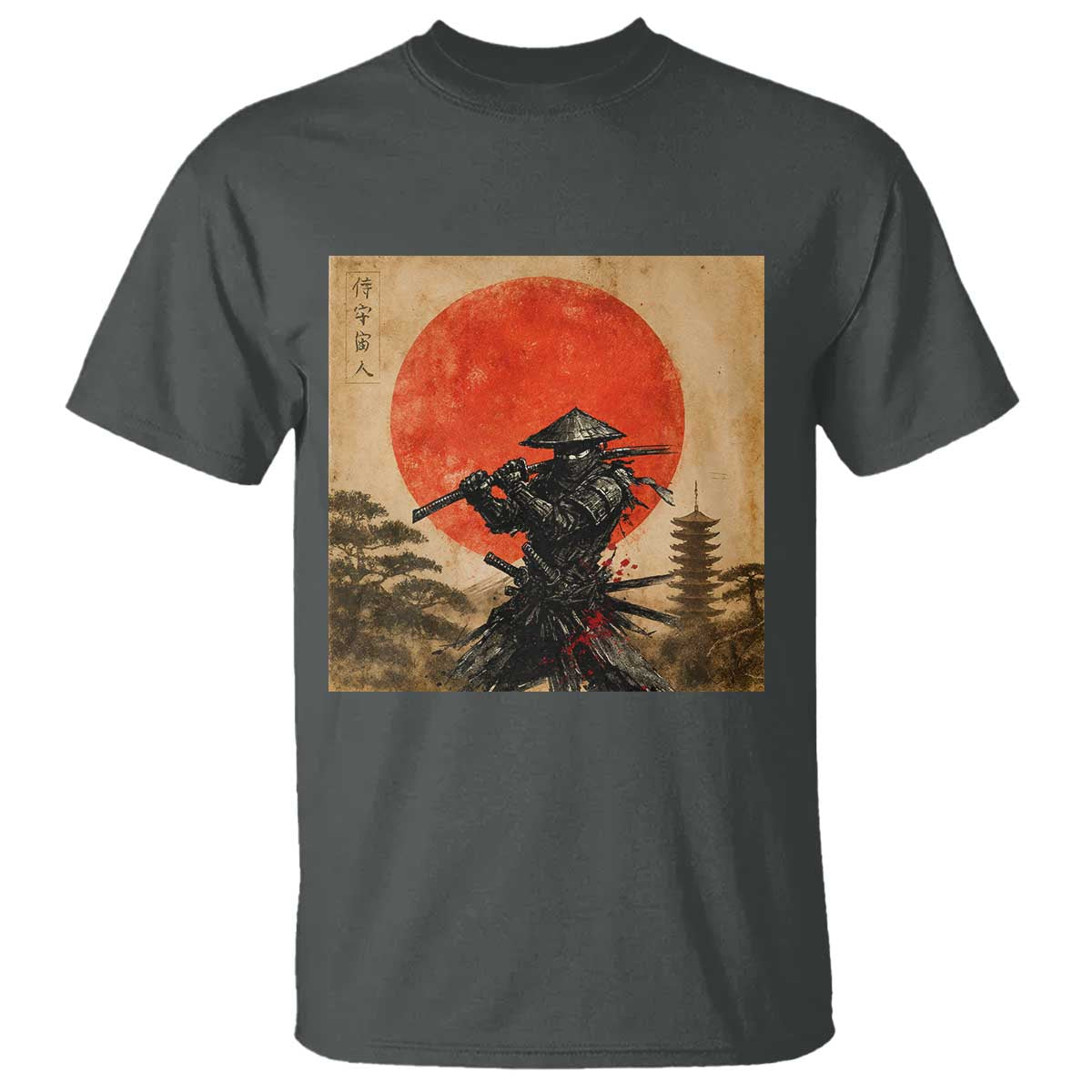 Japanese Samurai T Shirt Warrior With Katana Vintage Ukiyoe Style TS12 Dark Heather Print Your Wear
