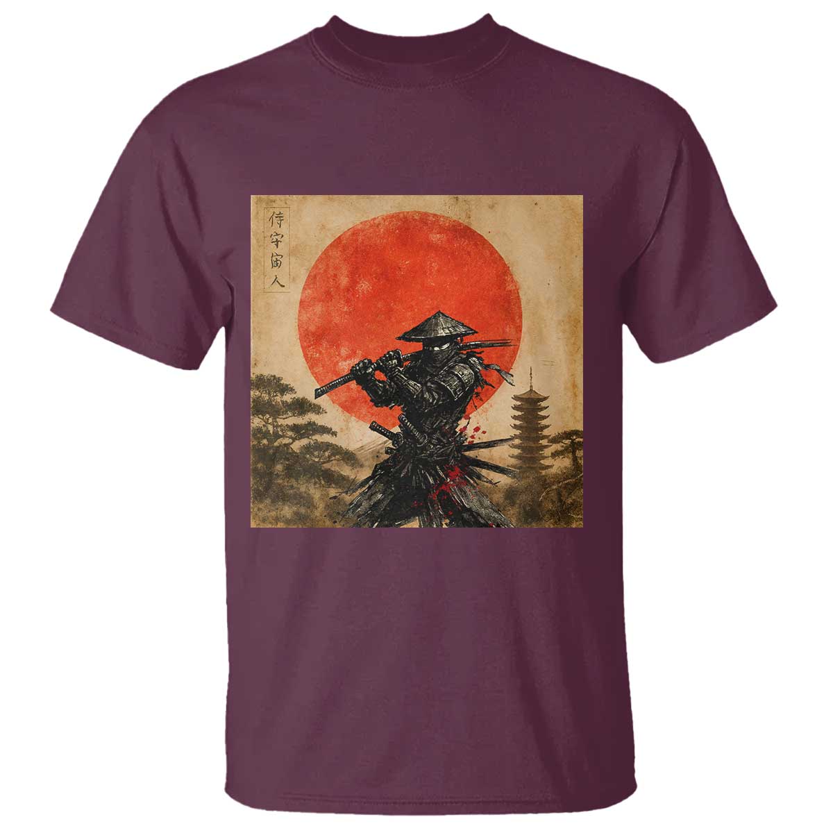 Japanese Samurai T Shirt Warrior With Katana Vintage Ukiyoe Style TS12 Maroon Print Your Wear