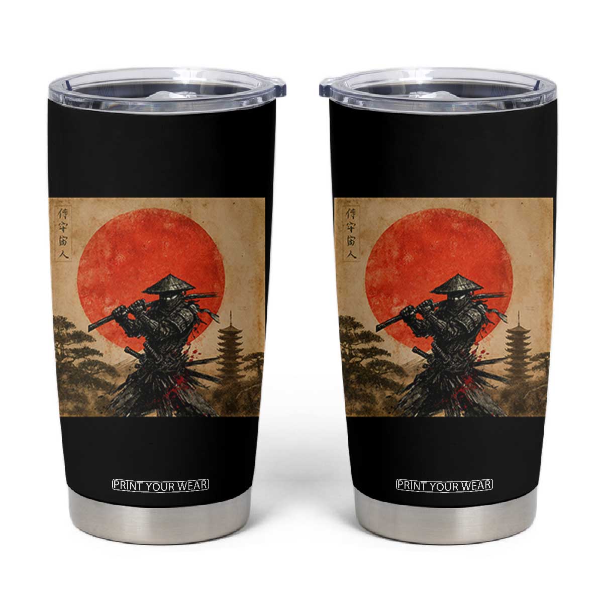 Japanese Samurai Tumbler Cup Warrior With Katana Vintage Ukiyoe Style TS12 Black Print Your Wear