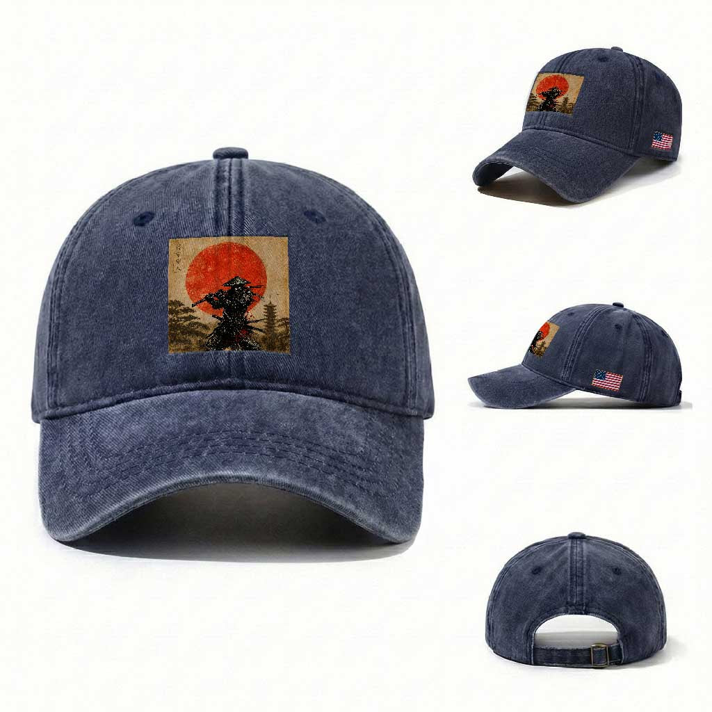 Japanese Samurai Washed Cotton Baseball Cap Warrior With Katana Vintage Ukiyoe Style TS12 Washed Cap Universal Fit Navy Print Your Wear