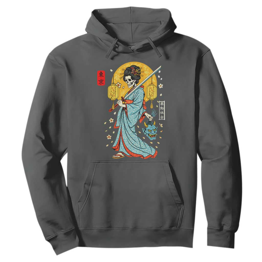 Horror Samurai Geisha Skull Hoodie Japanese Kimono And Katana TS12 Dark Heather Print Your Wear