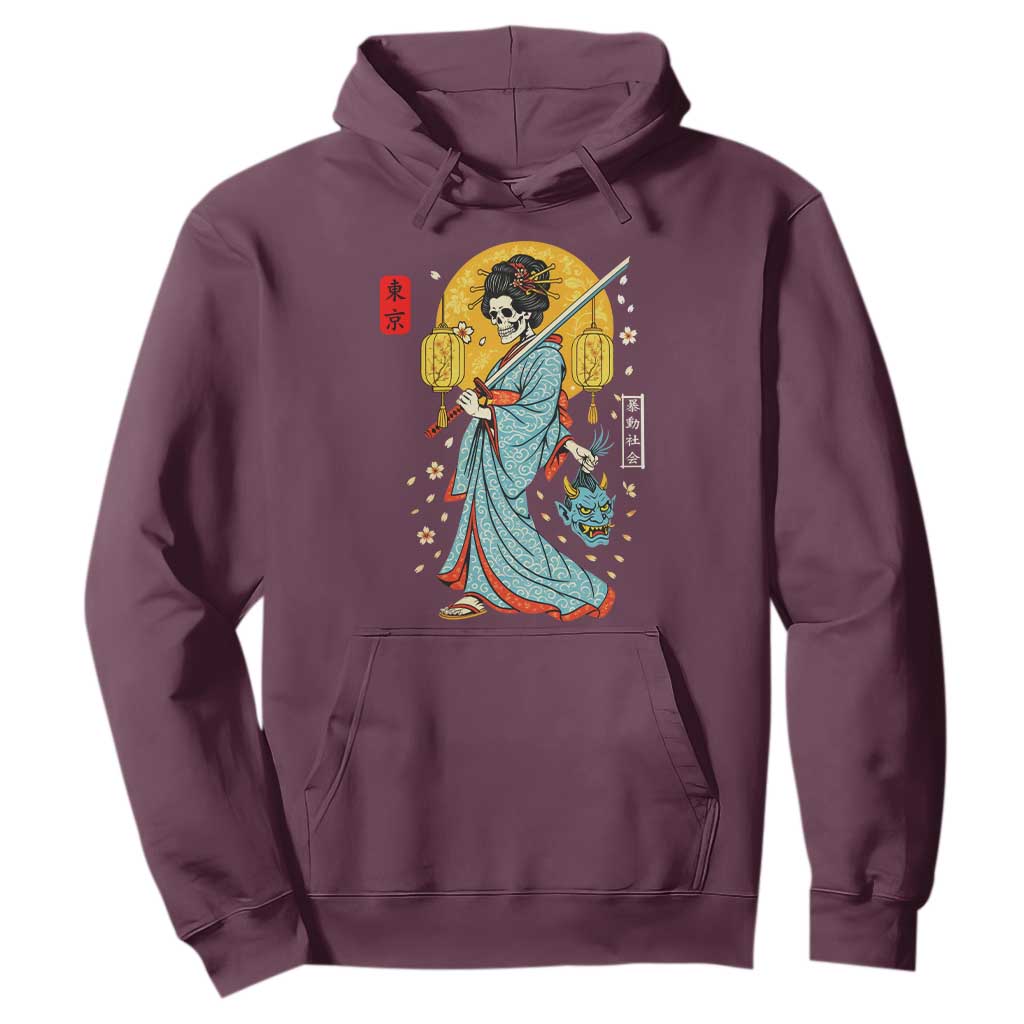 Horror Samurai Geisha Skull Hoodie Japanese Kimono And Katana TS12 Maroon Print Your Wear