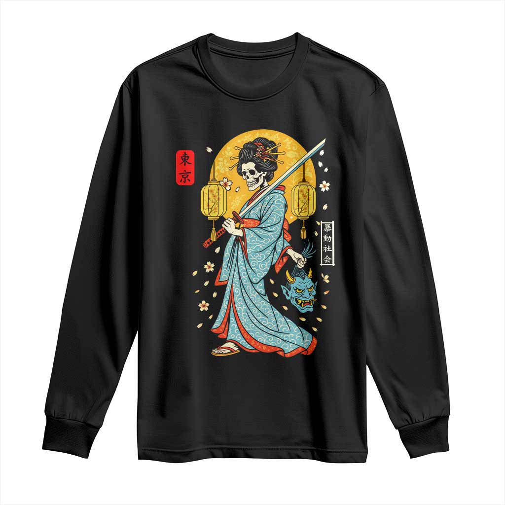Horror Samurai Geisha Skull Long Sleeve Shirt Japanese Kimono And Katana TS12 Black Print Your Wear