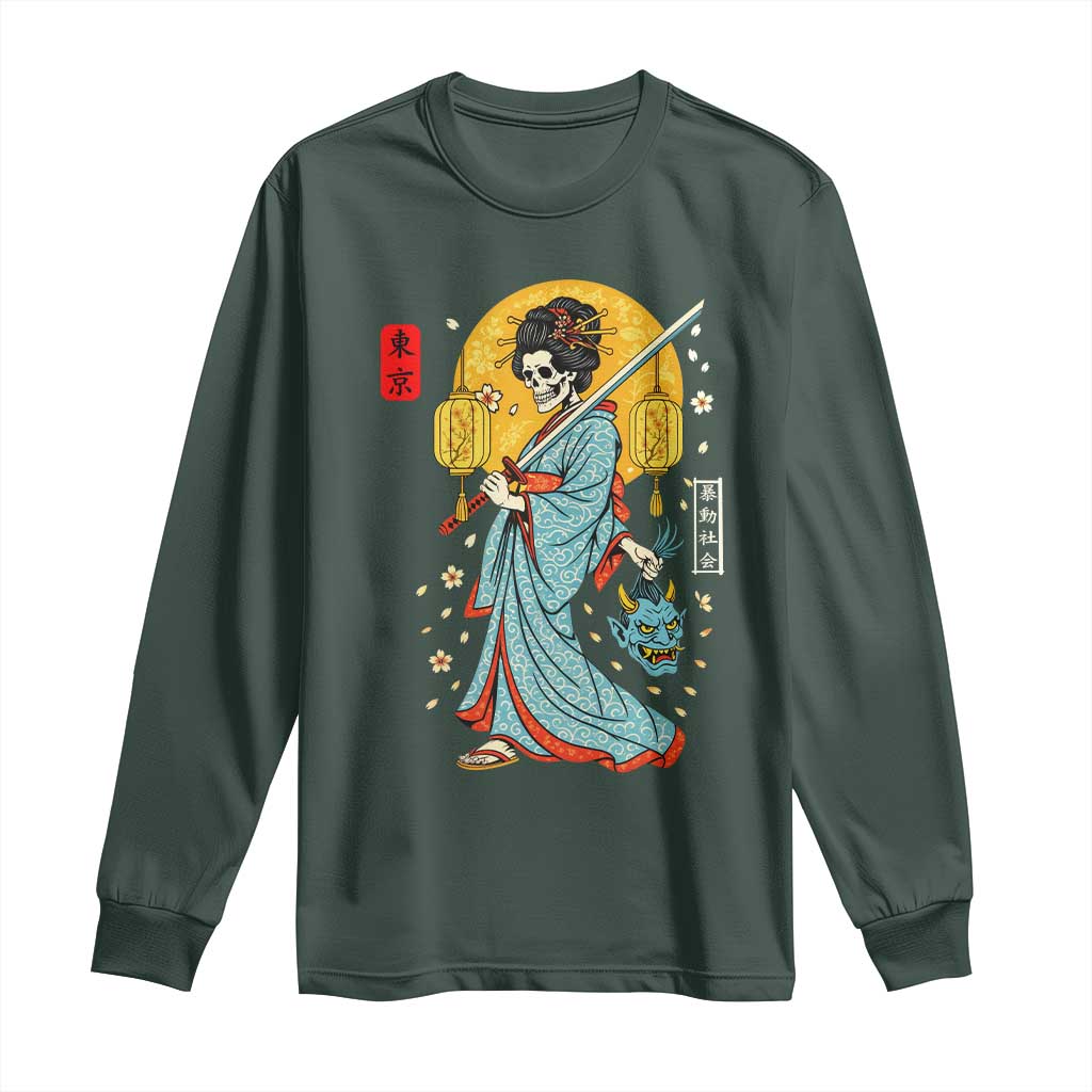 Horror Samurai Geisha Skull Long Sleeve Shirt Japanese Kimono And Katana TS12 Dark Forest Green Print Your Wear