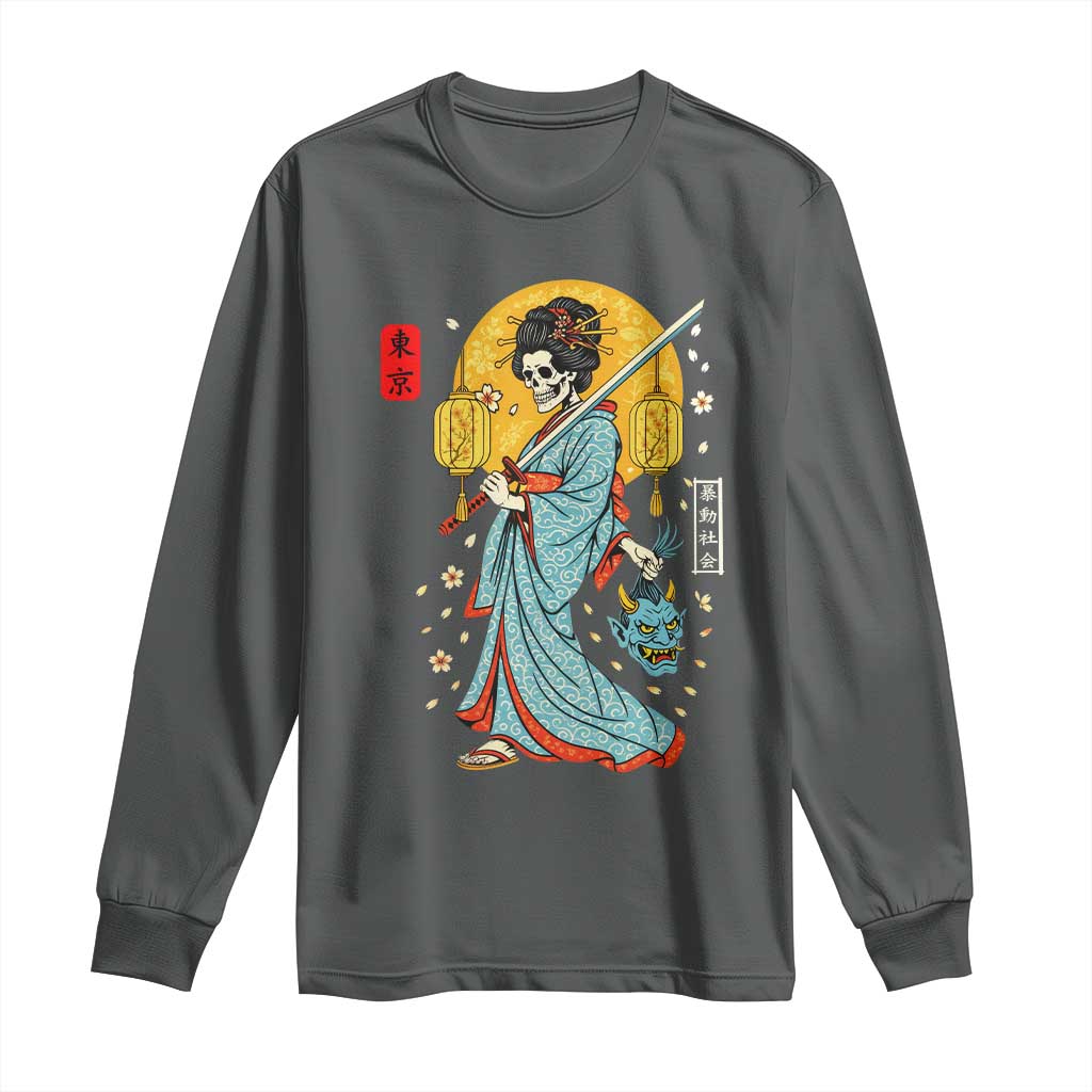 Horror Samurai Geisha Skull Long Sleeve Shirt Japanese Kimono And Katana TS12 Dark Heather Print Your Wear