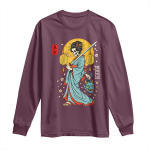 Horror Samurai Geisha Skull Long Sleeve Shirt Japanese Kimono And Katana TS12 Maroon Print Your Wear