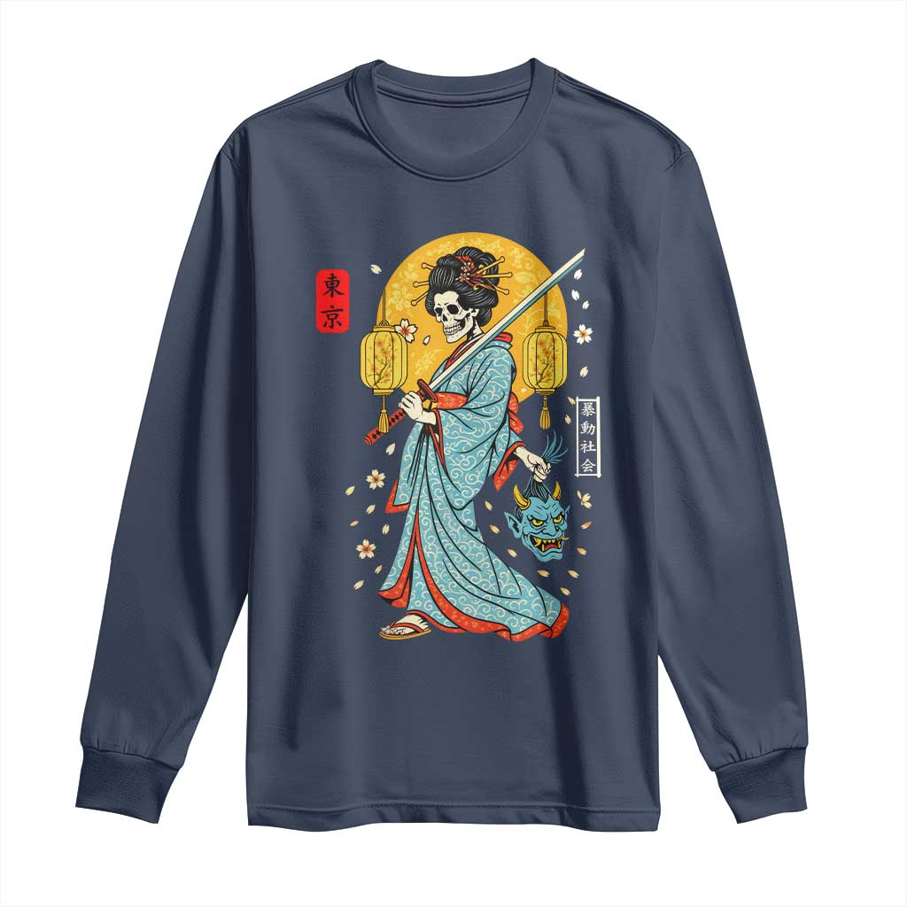 Horror Samurai Geisha Skull Long Sleeve Shirt Japanese Kimono And Katana TS12 Navy Print Your Wear