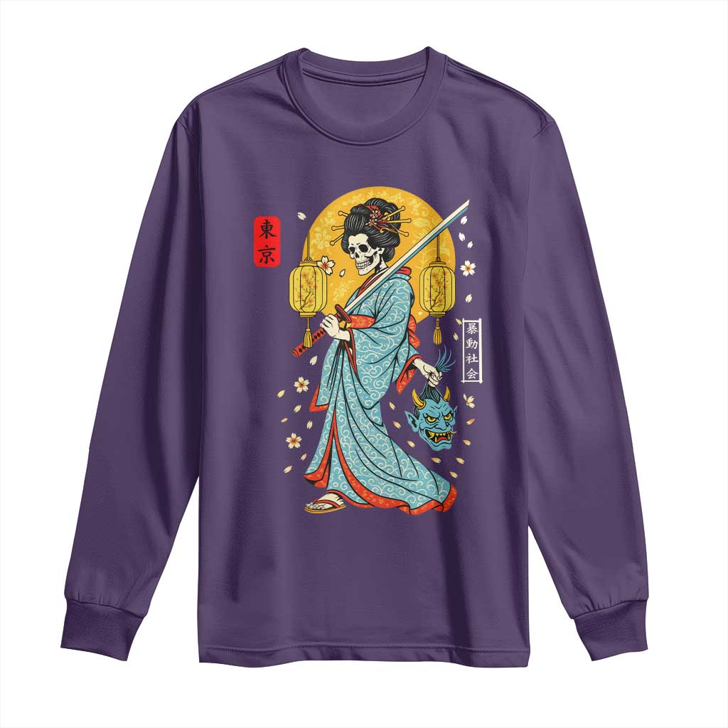 Horror Samurai Geisha Skull Long Sleeve Shirt Japanese Kimono And Katana TS12 Purple Print Your Wear
