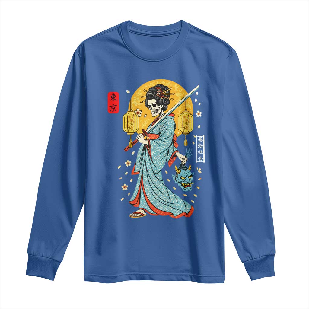 Horror Samurai Geisha Skull Long Sleeve Shirt Japanese Kimono And Katana TS12 Royal Blue Print Your Wear