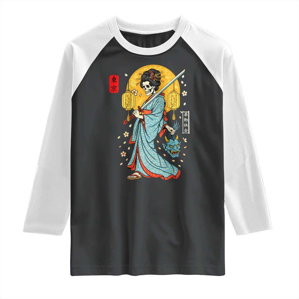 Horror Samurai Geisha Skull Raglan Shirt Japanese Kimono And Katana TS12 Black White Print Your Wear