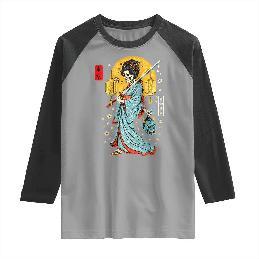 Horror Samurai Geisha Skull Raglan Shirt Japanese Kimono And Katana TS12 Sport Gray Black Print Your Wear