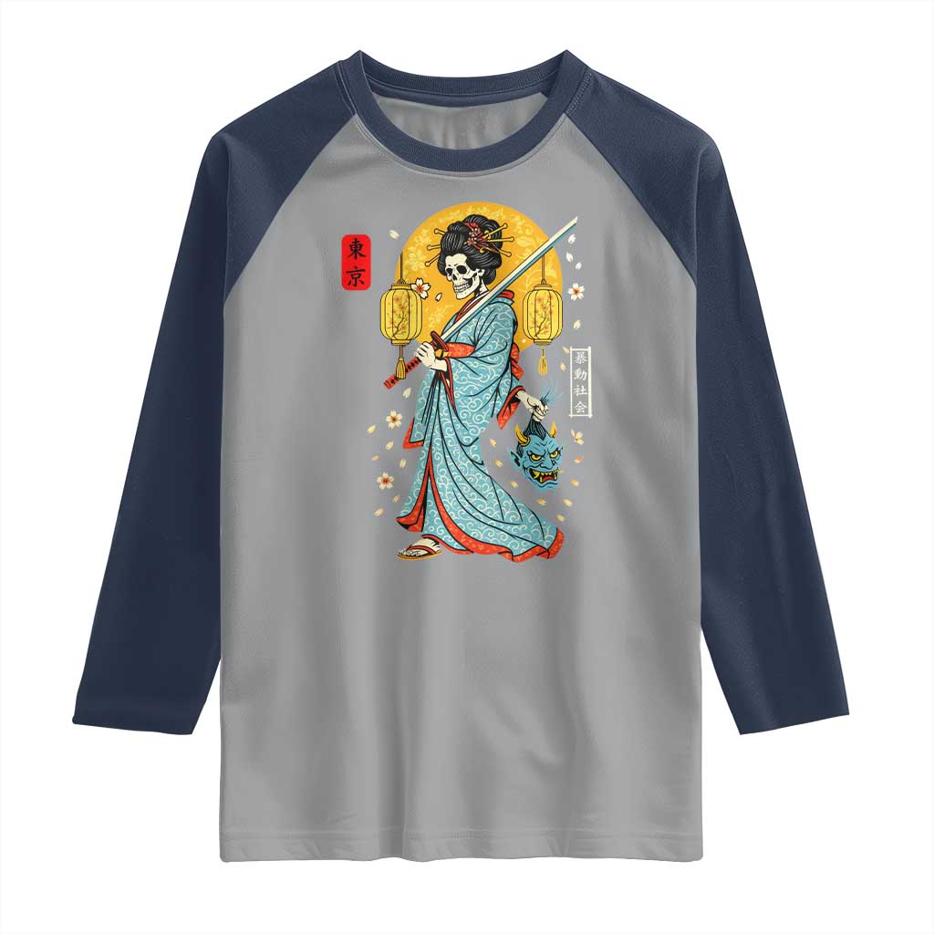 Horror Samurai Geisha Skull Raglan Shirt Japanese Kimono And Katana TS12 Sport Gray Navy Print Your Wear