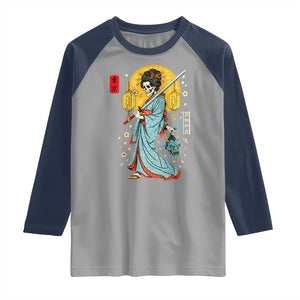 Horror Samurai Geisha Skull Raglan Shirt Japanese Kimono And Katana TS12 Sport Gray Navy Print Your Wear