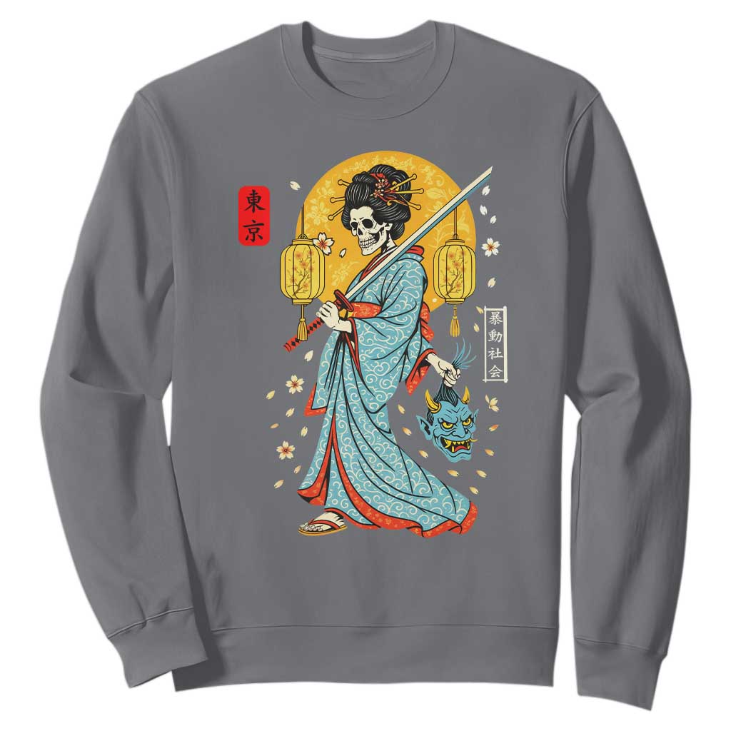 Horror Samurai Geisha Skull Sweatshirt Japanese Kimono And Katana TS12 Charcoal Print Your Wear