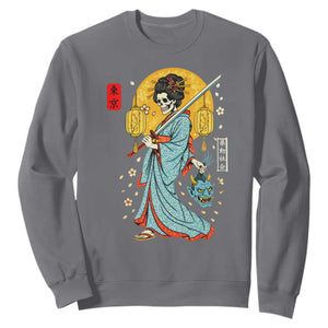 Horror Samurai Geisha Skull Sweatshirt Japanese Kimono And Katana TS12 Charcoal Print Your Wear