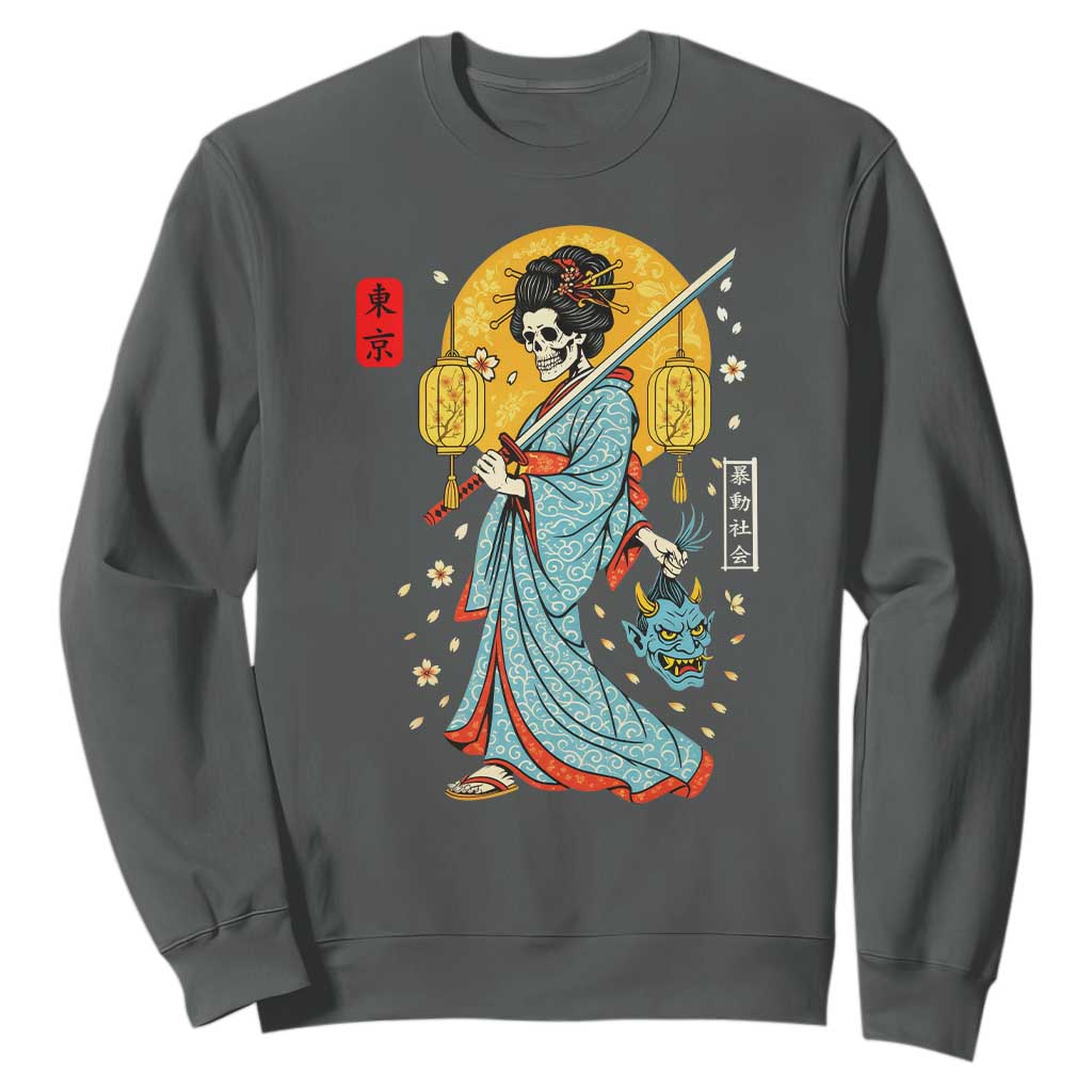 Horror Samurai Geisha Skull Sweatshirt Japanese Kimono And Katana TS12 Dark Heather Print Your Wear