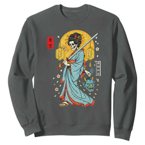 Horror Samurai Geisha Skull Sweatshirt Japanese Kimono And Katana TS12 Dark Heather Print Your Wear