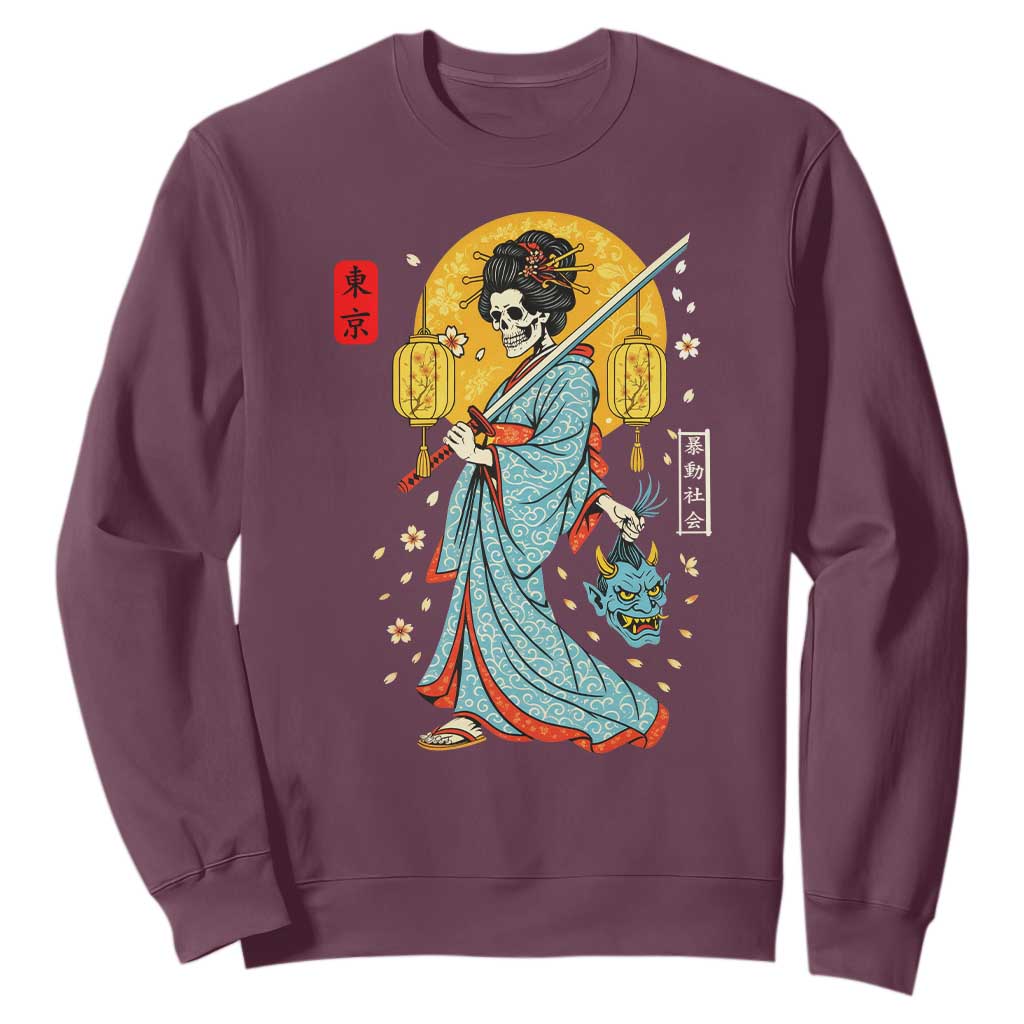 Horror Samurai Geisha Skull Sweatshirt Japanese Kimono And Katana TS12 Maroon Print Your Wear