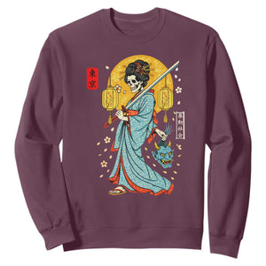 Horror Samurai Geisha Skull Sweatshirt Japanese Kimono And Katana TS12 Maroon Print Your Wear