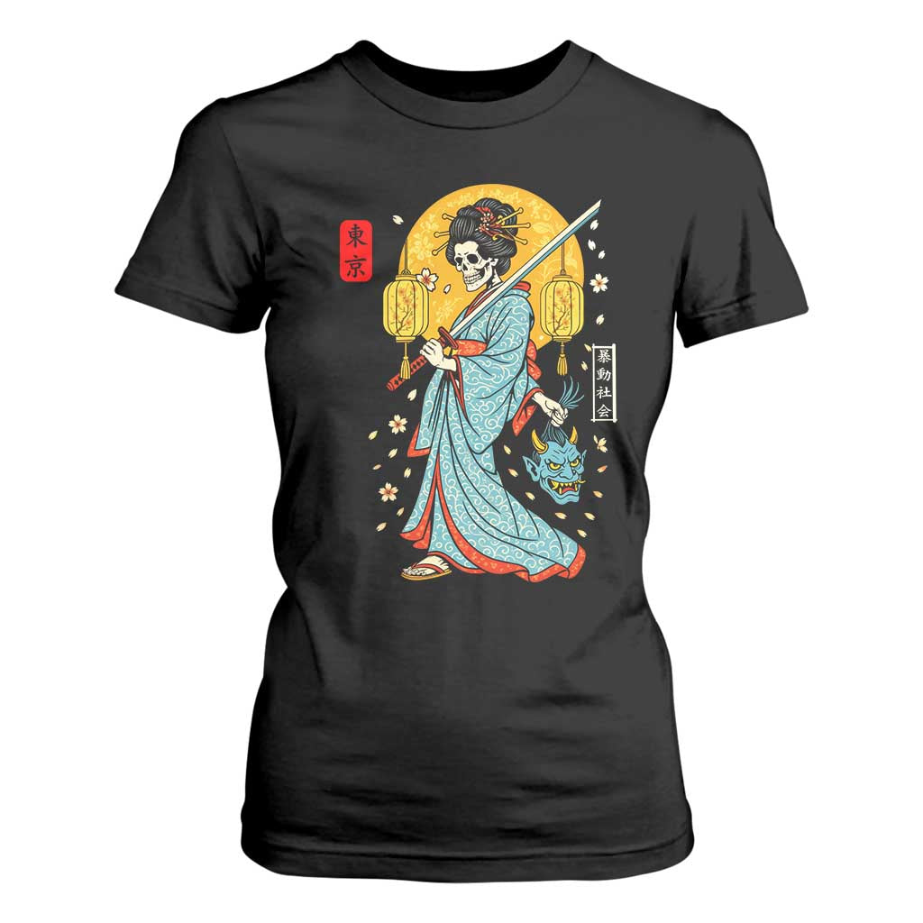 Horror Samurai Geisha Skull T Shirt For Women Japanese Kimono And Katana TS12 Black Print Your Wear