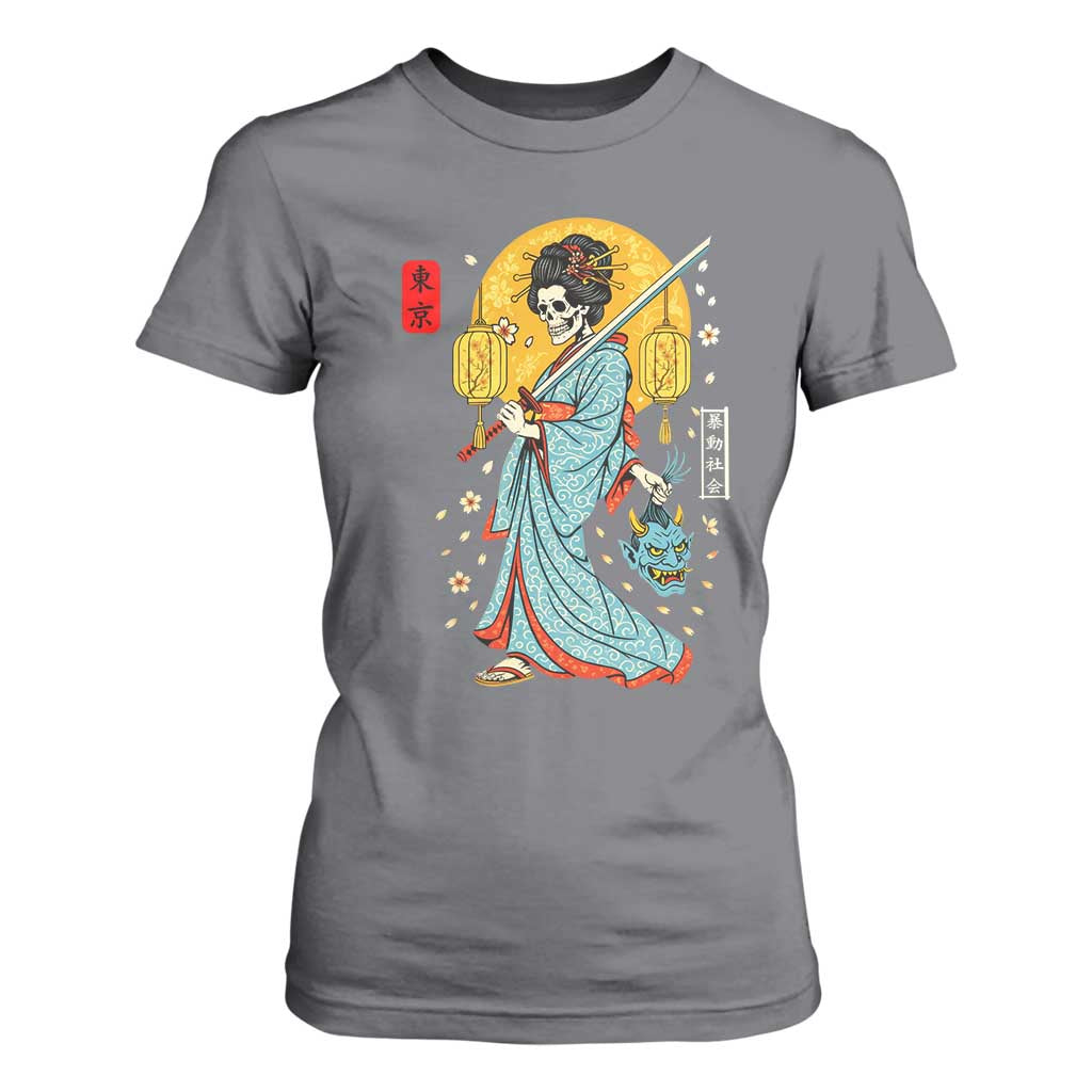 Horror Samurai Geisha Skull T Shirt For Women Japanese Kimono And Katana TS12 Charcoal Print Your Wear