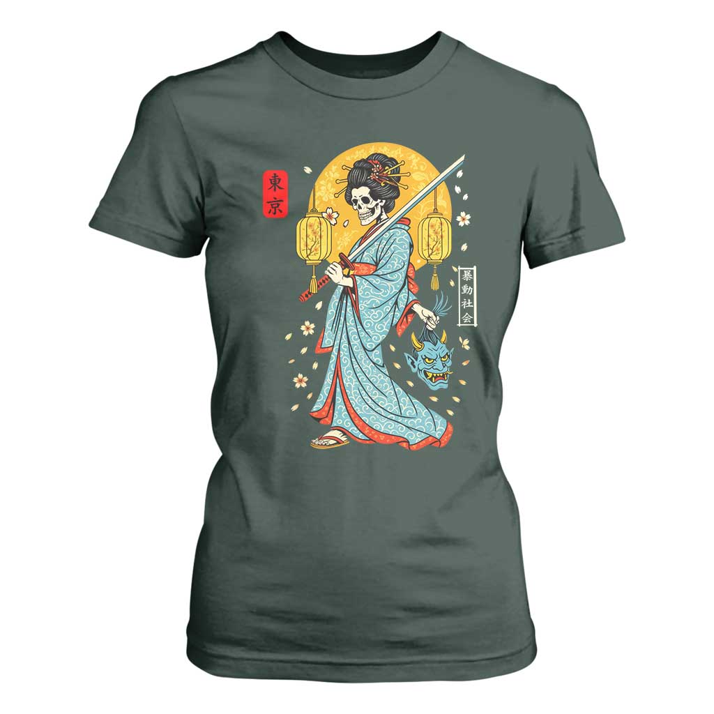 Horror Samurai Geisha Skull T Shirt For Women Japanese Kimono And Katana TS12 Dark Forest Green Print Your Wear