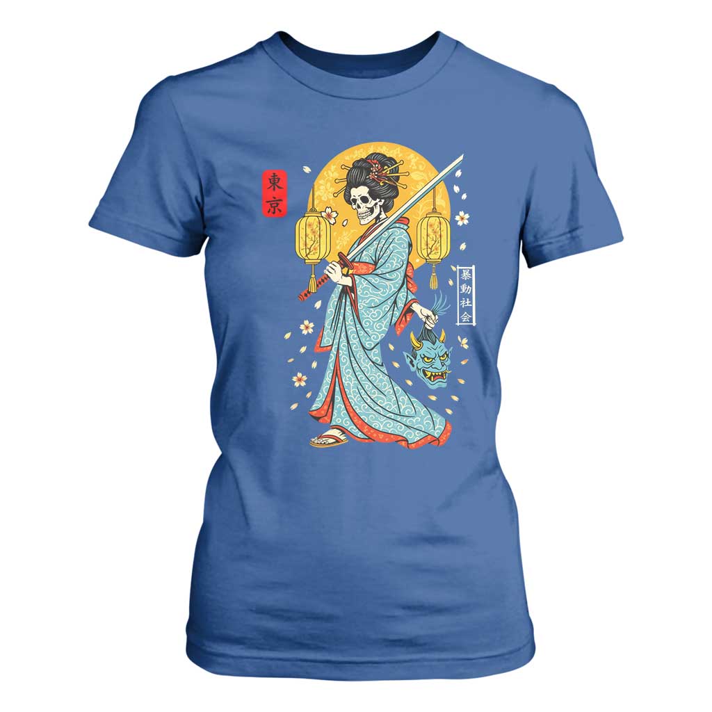 Horror Samurai Geisha Skull T Shirt For Women Japanese Kimono And Katana TS12 Royal Blue Print Your Wear