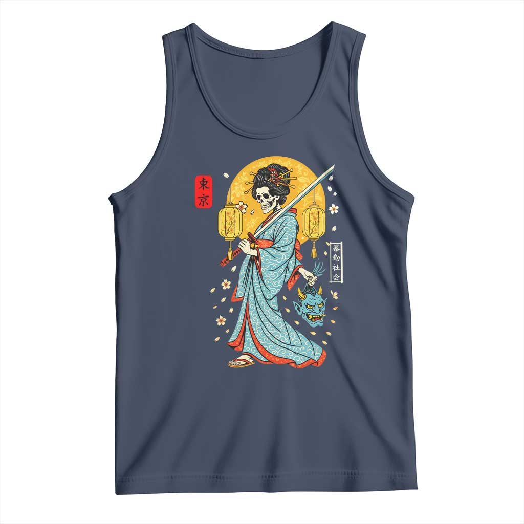 Horror Samurai Geisha Skull Tank Top Japanese Kimono And Katana TS12 Navy Print Your Wear