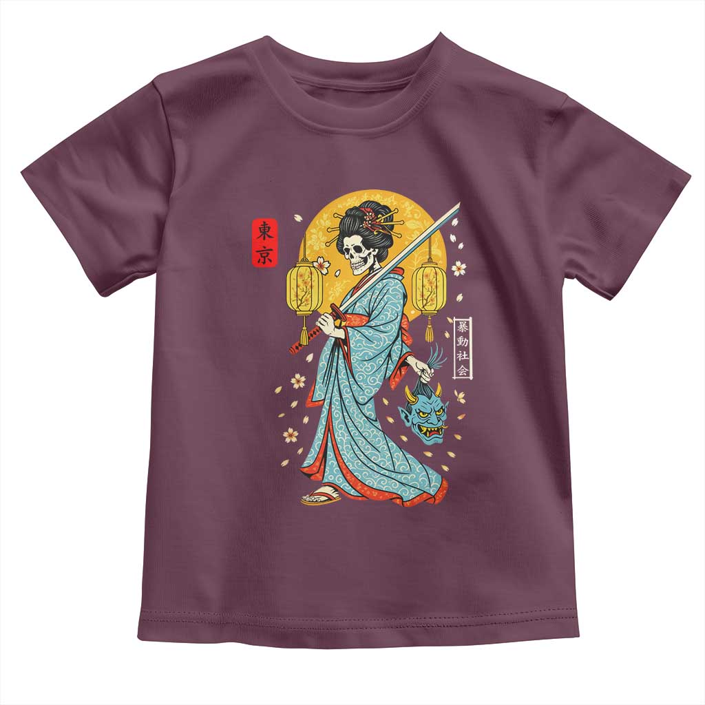 Horror Samurai Geisha Skull Toddler T Shirt Japanese Kimono And Katana TS12 Maroon Print Your Wear