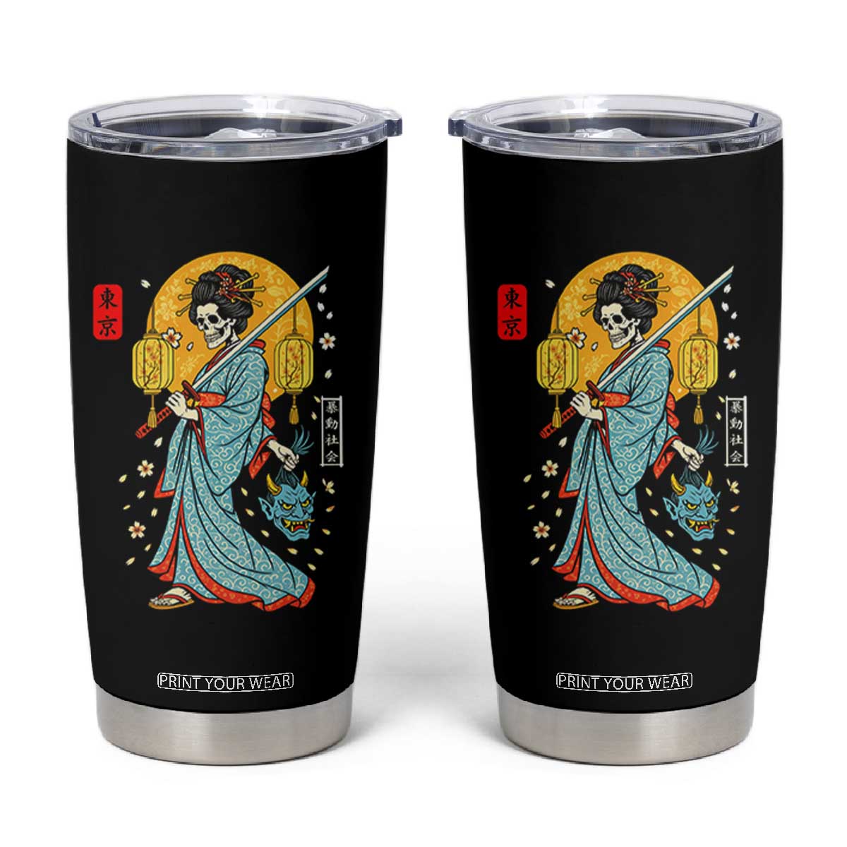 Horror Samurai Geisha Skull Tumbler Cup Japanese Kimono And Katana TS12 Black Print Your Wear