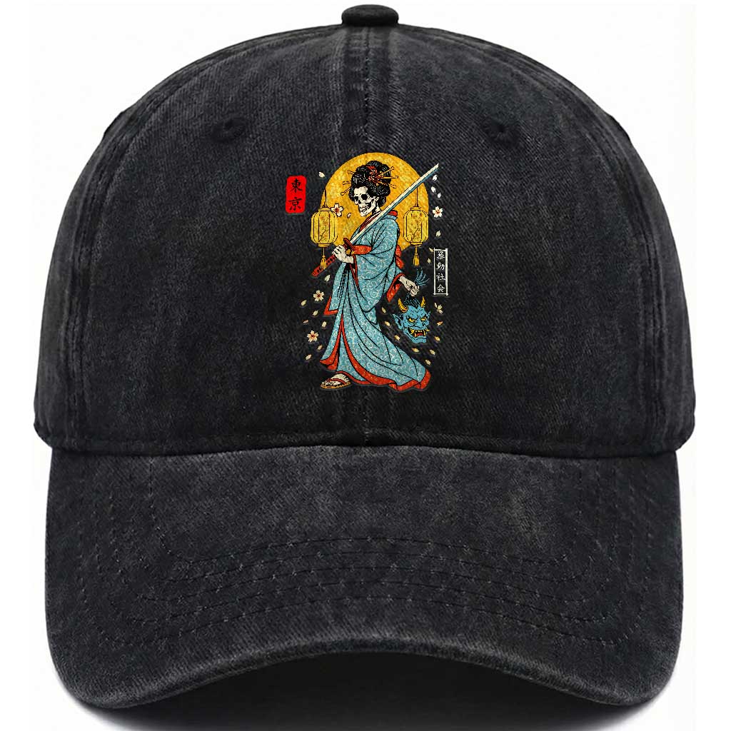 Horror Samurai Geisha Skull Washed Cotton Baseball Cap Japanese Kimono And Katana TS12 Print Your Wear