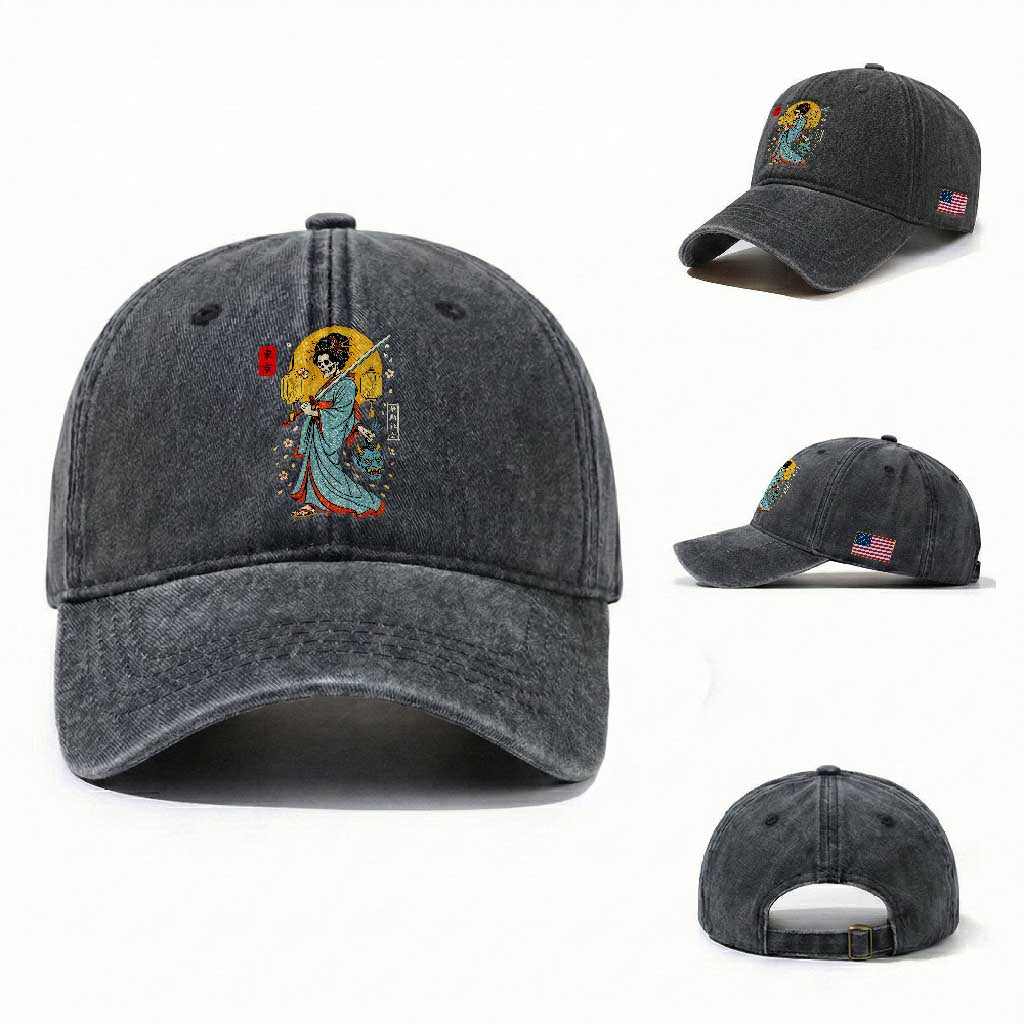 Horror Samurai Geisha Skull Washed Cotton Baseball Cap Japanese Kimono And Katana TS12 Washed Cap Universal Fit Dark Gray Print Your Wear