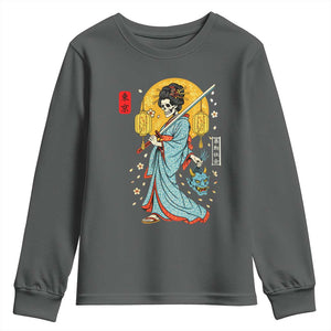 Horror Samurai Geisha Skull Youth Sweatshirt Japanese Kimono And Katana TS12 Dark Heather Print Your Wear