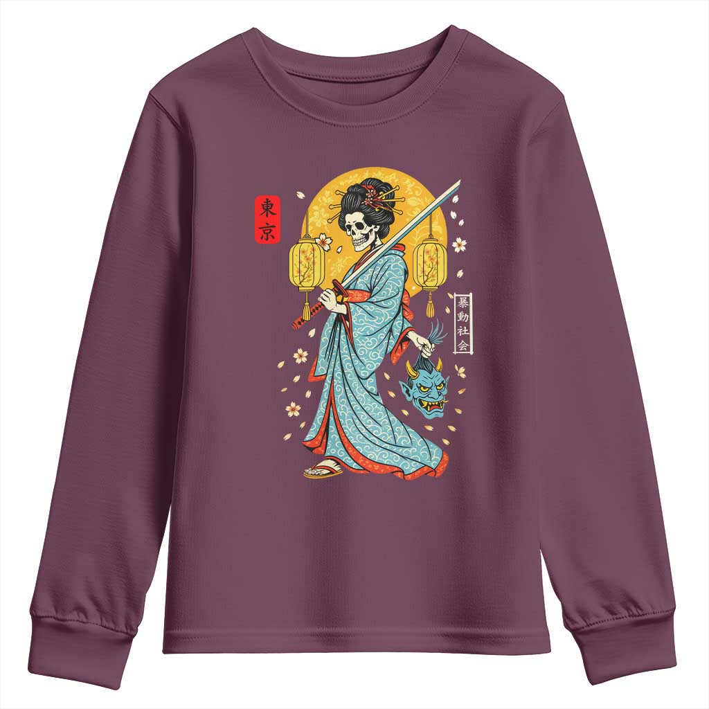 Horror Samurai Geisha Skull Youth Sweatshirt Japanese Kimono And Katana TS12 Maroon Print Your Wear