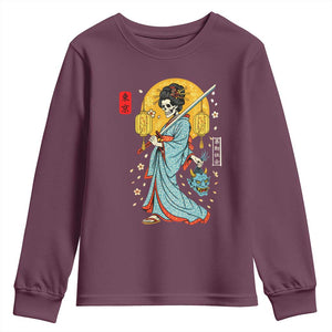 Horror Samurai Geisha Skull Youth Sweatshirt Japanese Kimono And Katana TS12 Maroon Print Your Wear