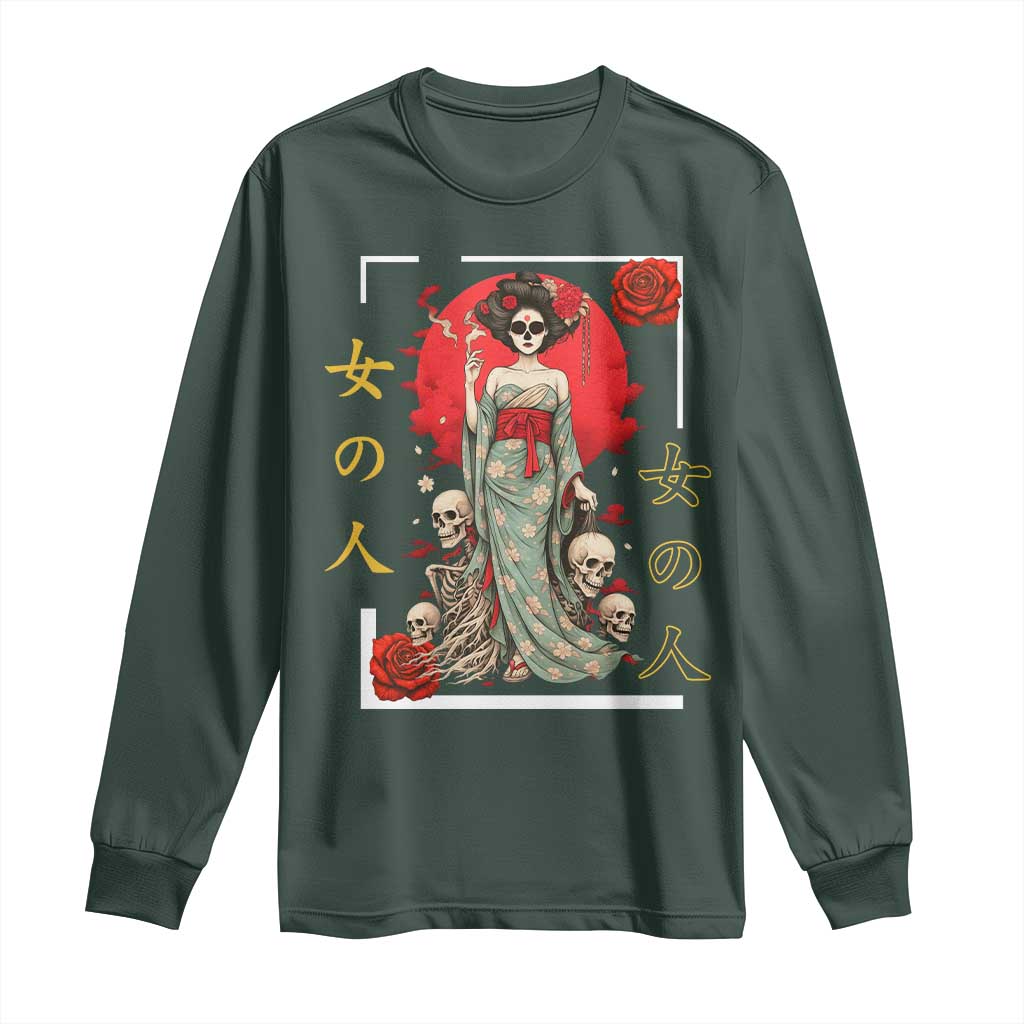 Gothic Japanese Geisha Skeleton Long Sleeve Shirt Wearing Kimono TS12 Dark Forest Green Print Your Wear