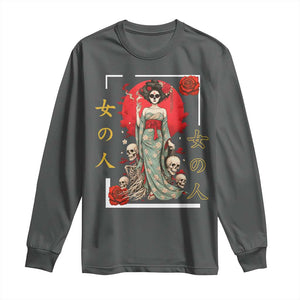Gothic Japanese Geisha Skeleton Long Sleeve Shirt Wearing Kimono TS12 Dark Heather Print Your Wear