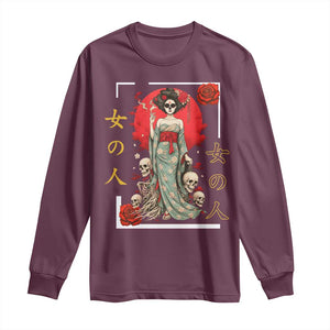 Gothic Japanese Geisha Skeleton Long Sleeve Shirt Wearing Kimono TS12 Maroon Print Your Wear