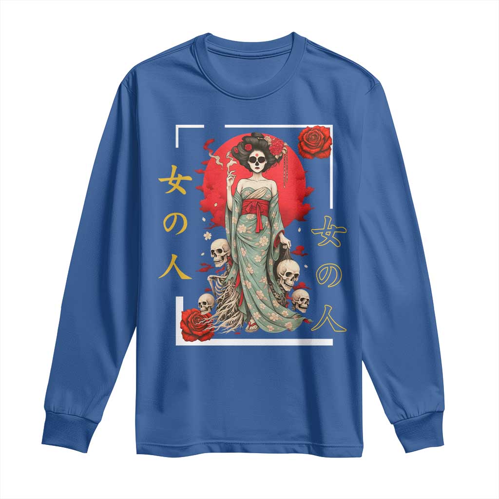 Gothic Japanese Geisha Skeleton Long Sleeve Shirt Wearing Kimono TS12 Royal Blue Print Your Wear