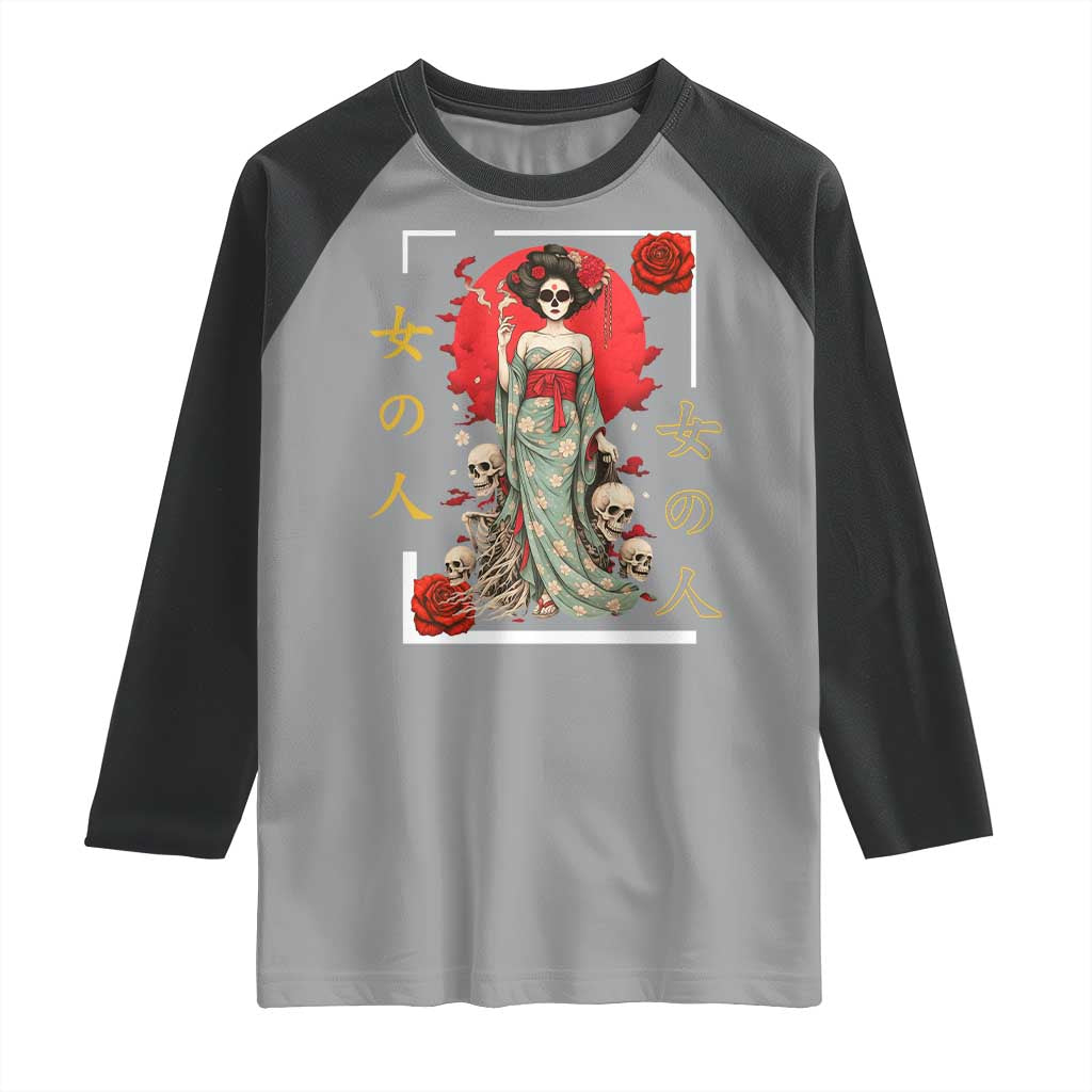 Gothic Japanese Geisha Skeleton Raglan Shirt Wearing Kimono TS12 Sport Gray Black Print Your Wear