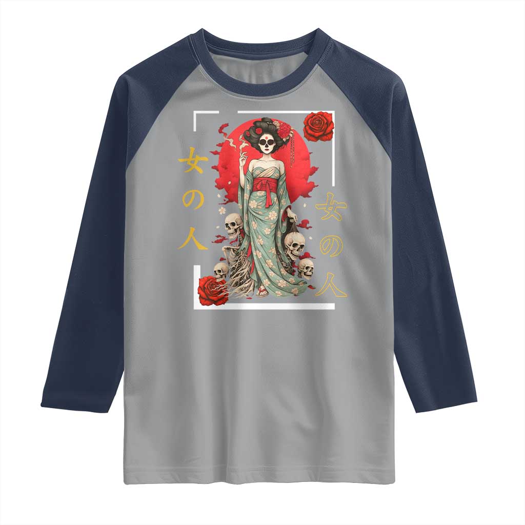 Gothic Japanese Geisha Skeleton Raglan Shirt Wearing Kimono TS12 Sport Gray Navy Print Your Wear
