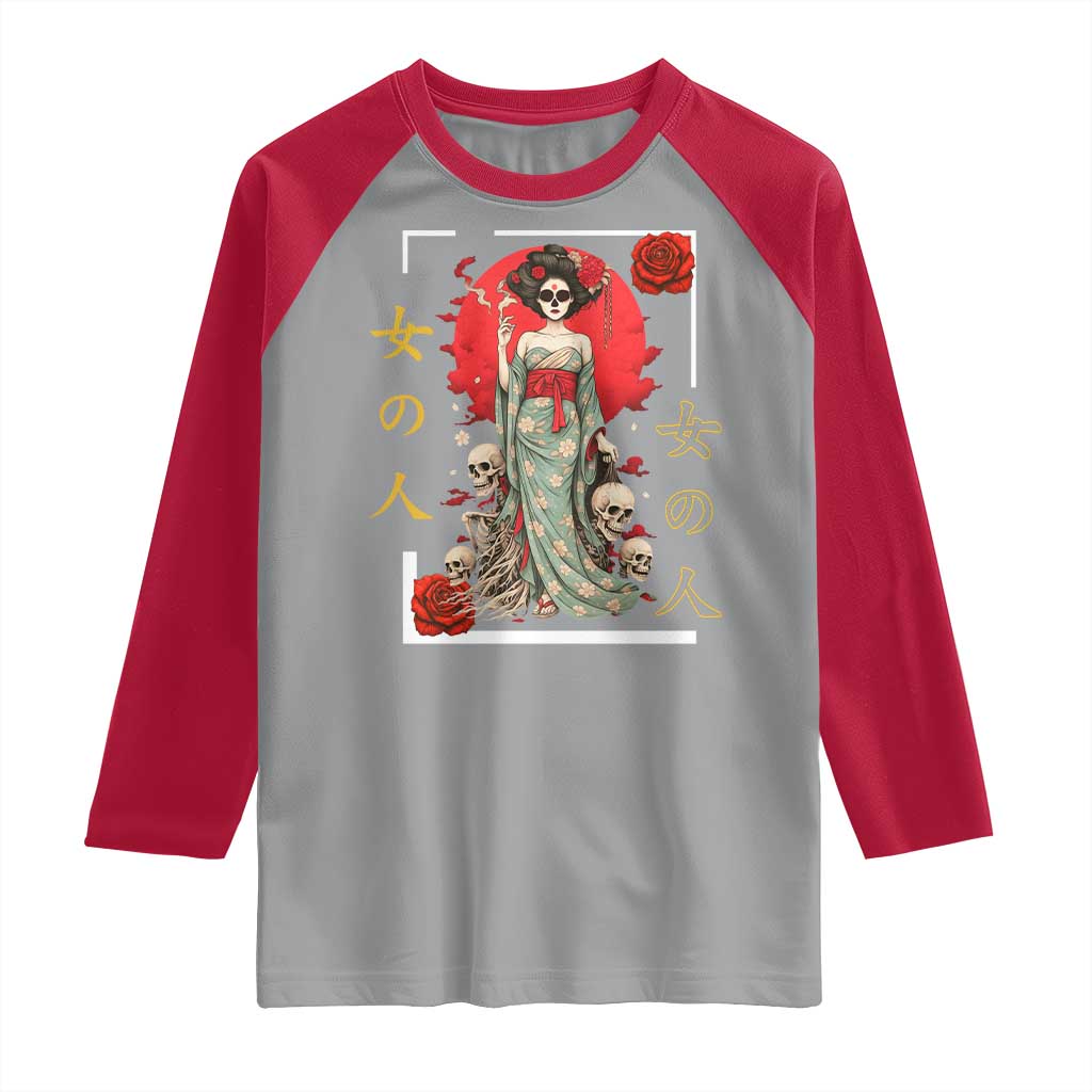 Gothic Japanese Geisha Skeleton Raglan Shirt Wearing Kimono TS12 Sport Gray Red Print Your Wear