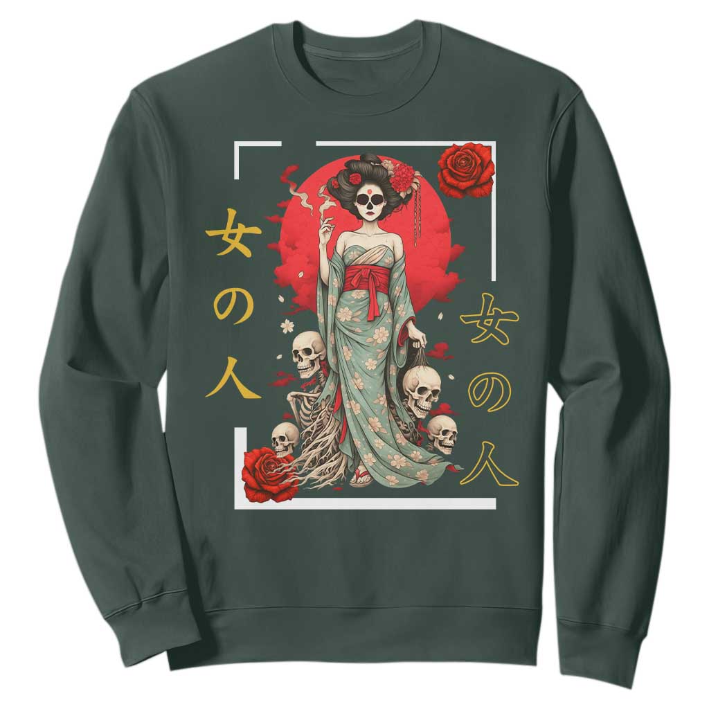 Gothic Japanese Geisha Skeleton Sweatshirt Wearing Kimono TS12 Dark Forest Green Print Your Wear