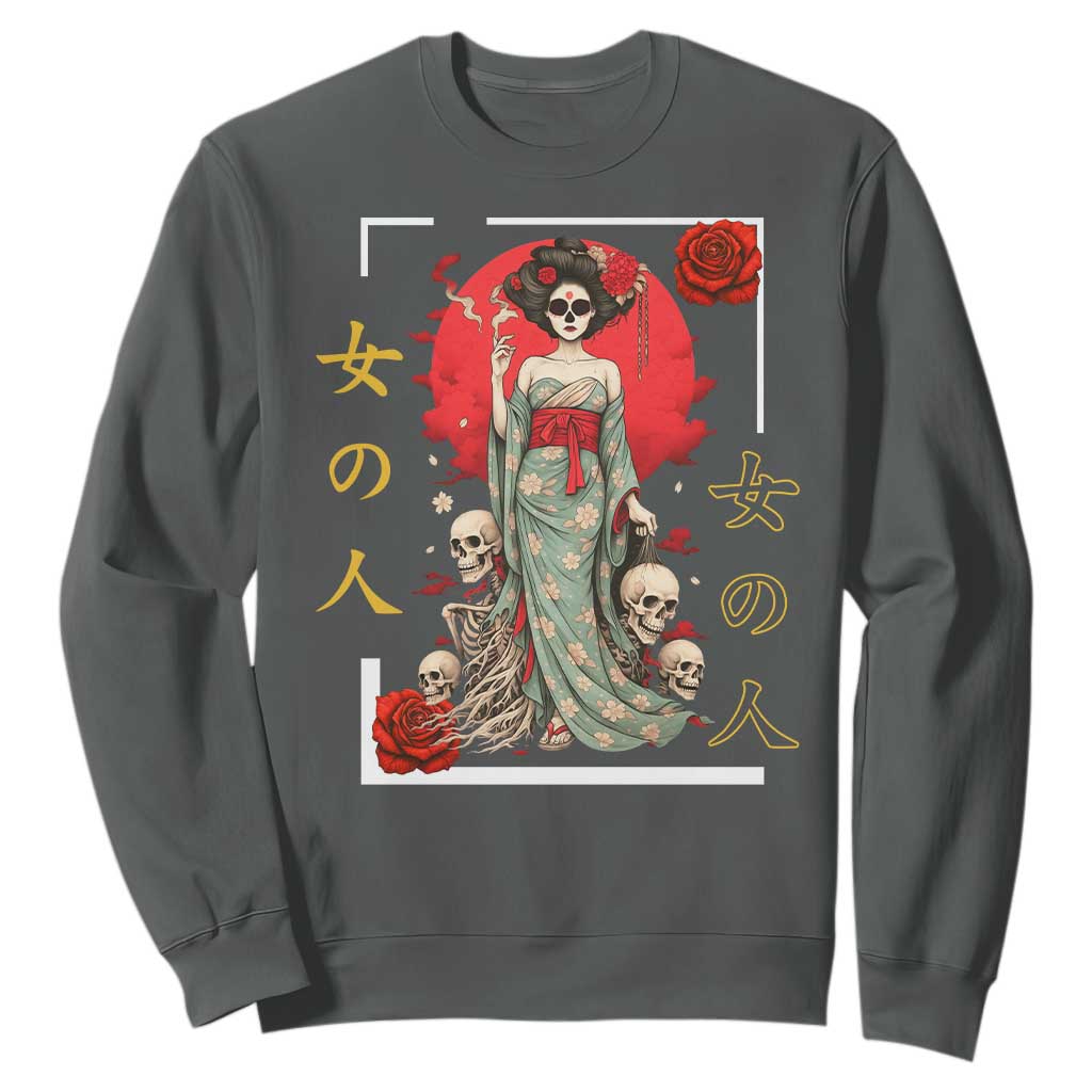 Gothic Japanese Geisha Skeleton Sweatshirt Wearing Kimono TS12 Dark Heather Print Your Wear